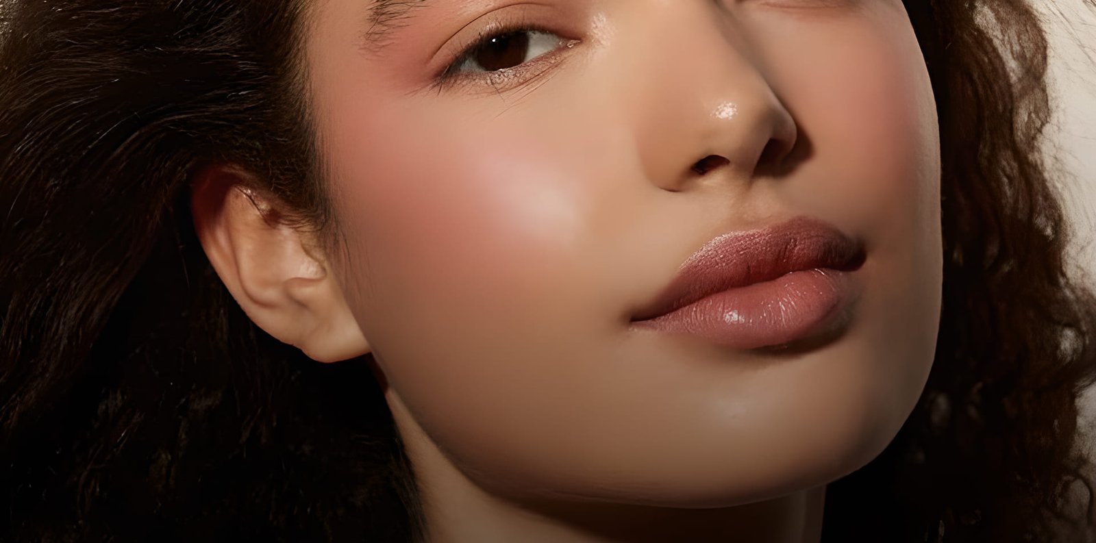 Close-up beauty portrait with soft rose makeup and glowing skin